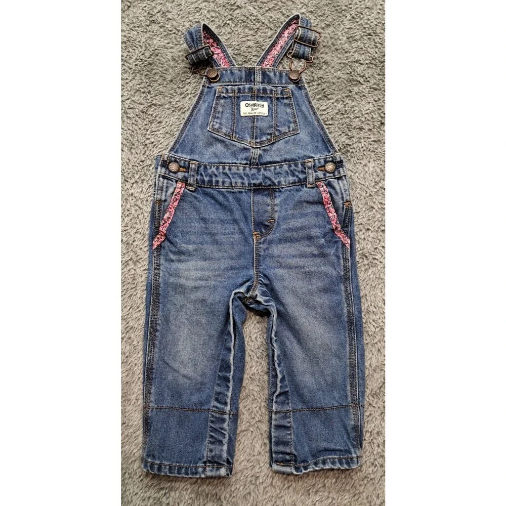 OshKosh Denim Vestback Overalls Baby Girls Sz 12 Months Pants Bibs Jeans Snaps